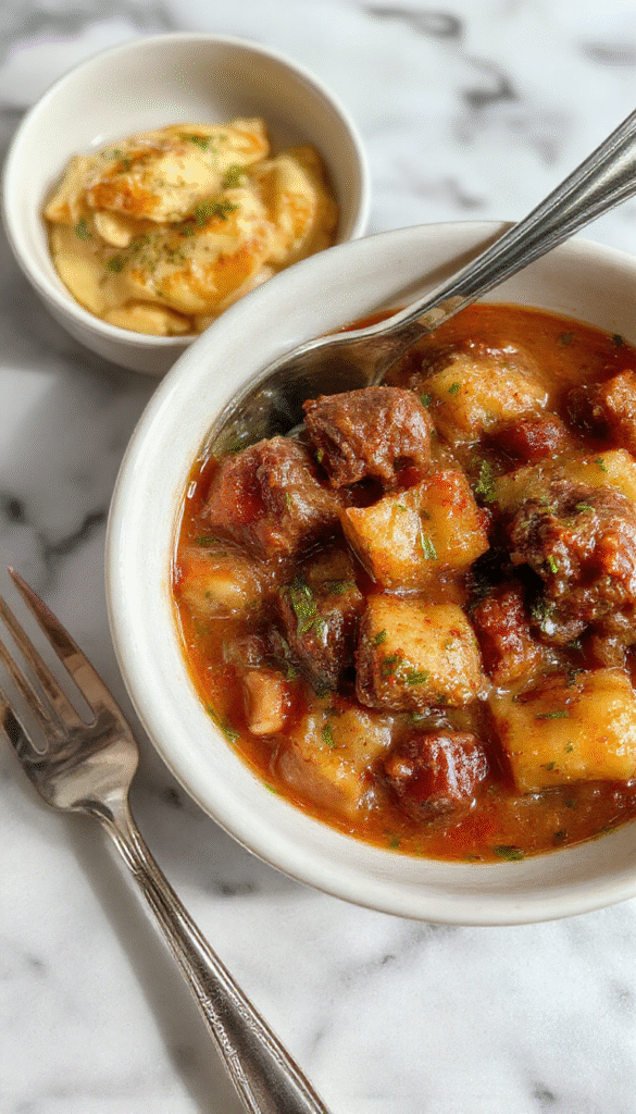 A rustic bowl of hearty beef stew filled with tender chunks of beef, carrots, potatoes, and celery in a thick, savory gravy. The stew is garnished with fresh herbs, set on a wooden table with a spoon placed beside. The vibrant orange carrots and golden potatoes contrast beautifully with the rich brown beef, creating an inviting and comforting culinary scene.