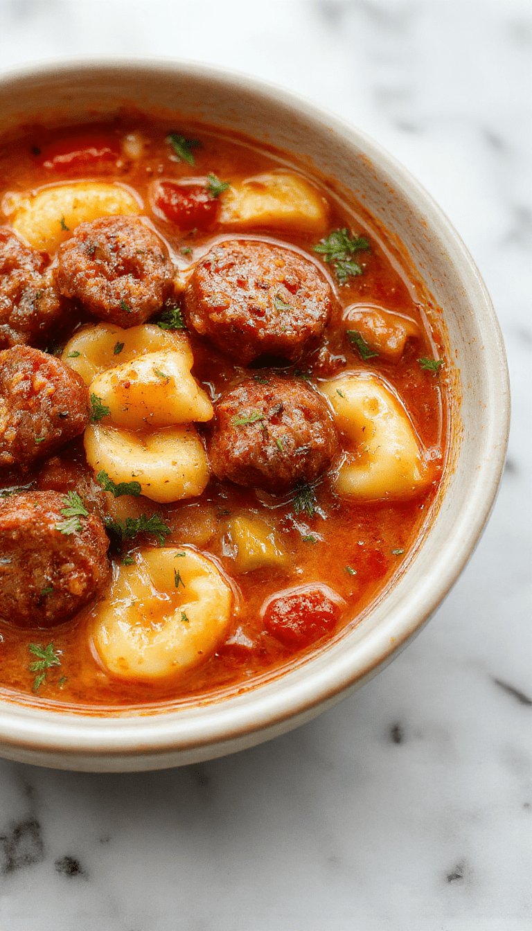 A vibrant bowl of sausage and tortellini soup featuring plump tortellini, browned sausage slices, fresh herbs, and vegetables in a rich broth, garnished with grated cheese and parsley, styled in a rustic white bowl on a wooden table with a spoon ready to serve.