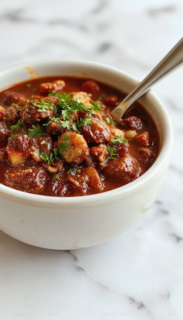 A vibrant bowl of slow cooker beef chili with chunks of tender beef, red kidney beans, and diced tomatoes, garnished with fresh cilantro and sliced green onions. The chili has a rich, thick texture with a deep red color, served on a rustic wooden table with a spoon beside it, evoking warmth and comfort.