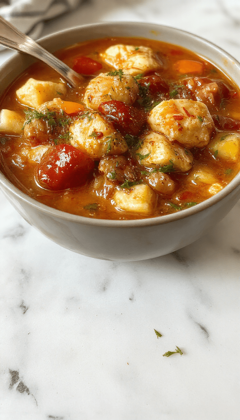 A steaming bowl of hearty chicken stew topped with fresh herbs, surrounded by colorful vegetables and tender chicken chunks, presented in a rustic white bowl on a wooden table with steam rising, styled for a cozy homestyle meal.
