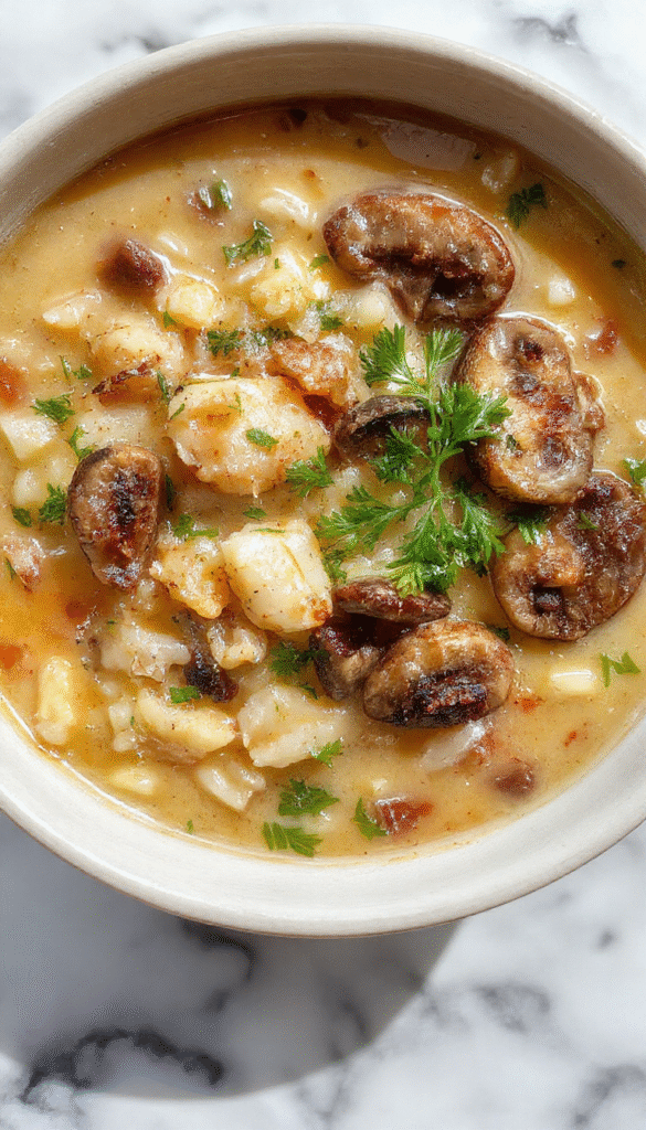 A vibrant bowl of wild rice and mushroom soup showcasing chunky mushrooms, tender wild rice, and fresh herbs, garnished with a sprig of parsley, served in a rustic white bowl on a wooden table with a spoon resting beside it, natural lighting accentuating the rich textures and earthy colors.
