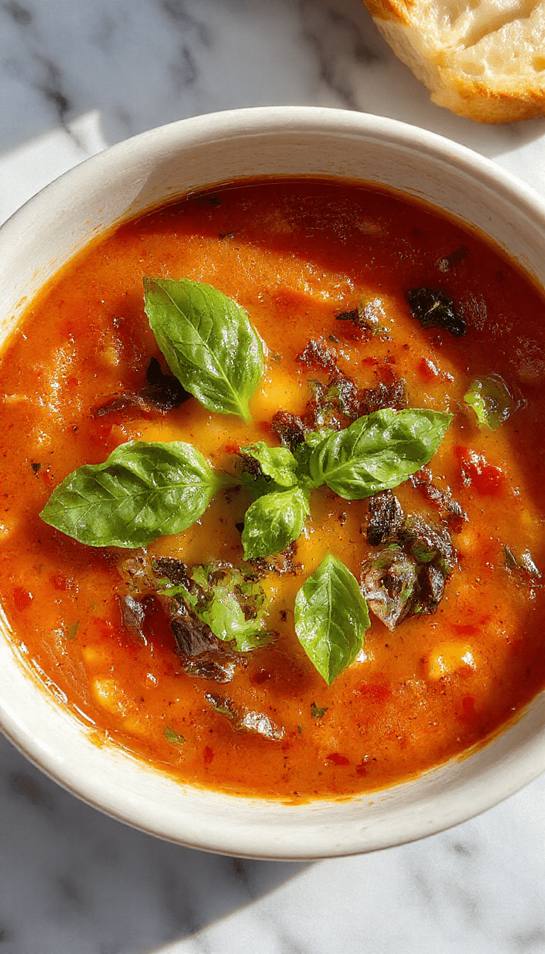 A vibrant bowl of roasted tomato basil soup with a swirl of cream, garnished with fresh basil leaves, served on a rustic wooden table with toasted bread slices alongside, showcasing rich orange-red hues and fresh green accents.