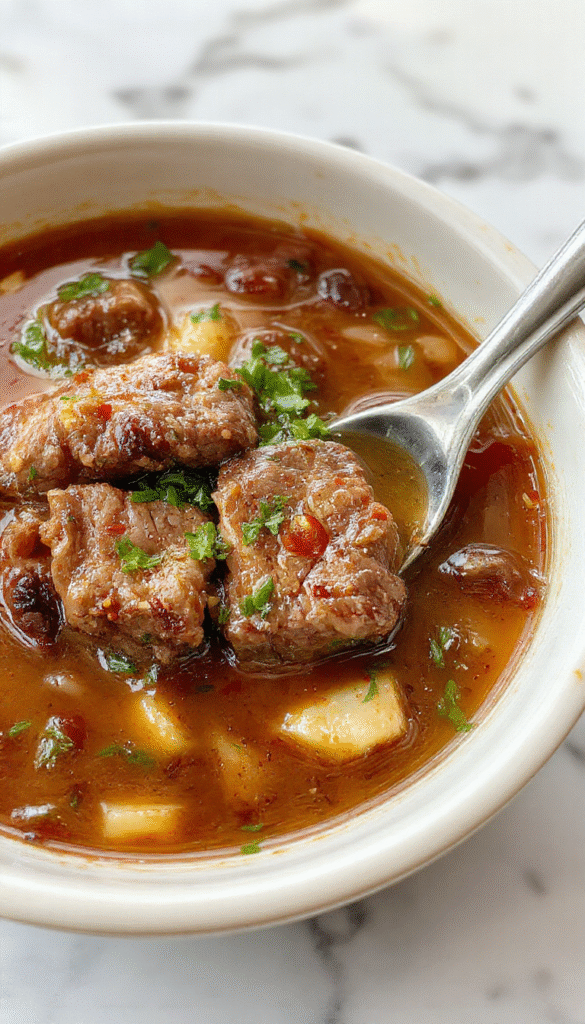 A steaming bowl of beef noodle soup featuring tender slices of beef, yellow egg noodles, vibrant green herbs, and a clear savory broth. The bowl is garnished with chopped scallions and chili slices, set on a rustic wooden table with condiments in the background, highlighting the comforting and hearty nature of the dish.