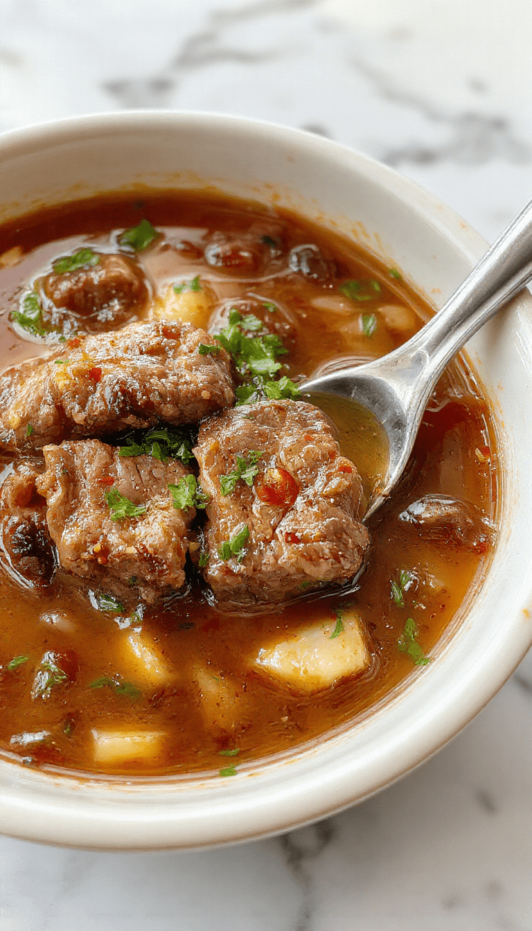 A steaming bowl of beef noodle soup featuring tender slices of beef, yellow egg noodles, vibrant green herbs, and a clear savory broth. The bowl is garnished with chopped scallions and chili slices, set on a rustic wooden table with condiments in the background, highlighting the comforting and hearty nature of the dish.
