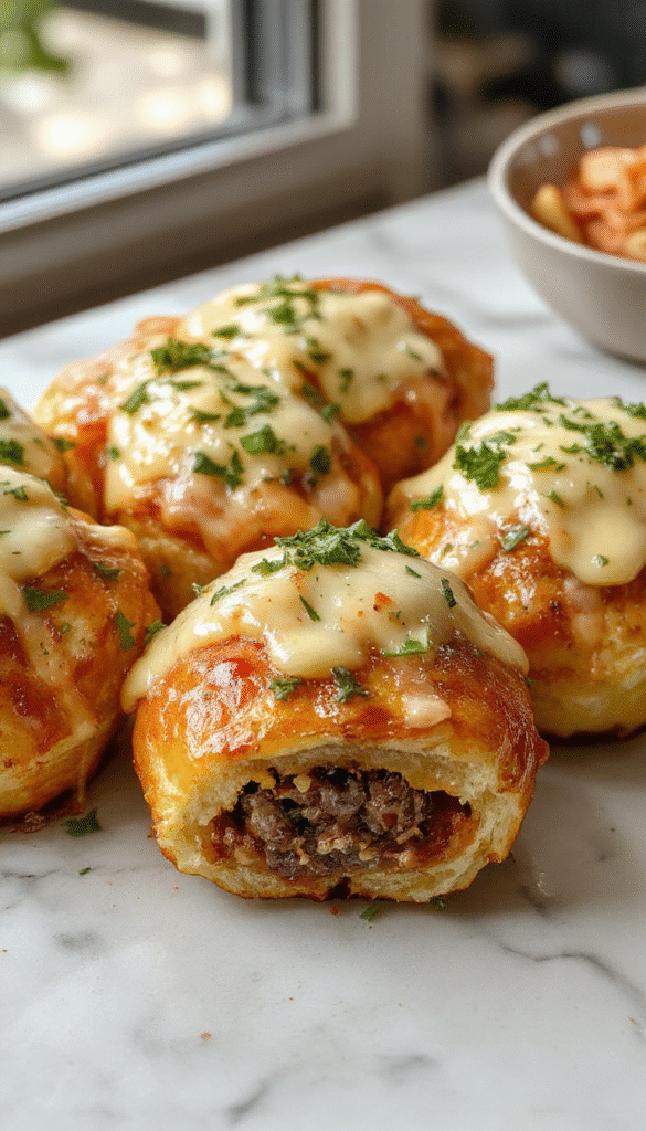 Colorful cheeseburger rollups drizzled with garlic butter and melted cheese, arranged neatly on a rustic wooden platter, with fresh green herbs and sesame seeds sprinkled on top, showcasing the gooey cheese, golden-brown crust, and vibrant toppings.