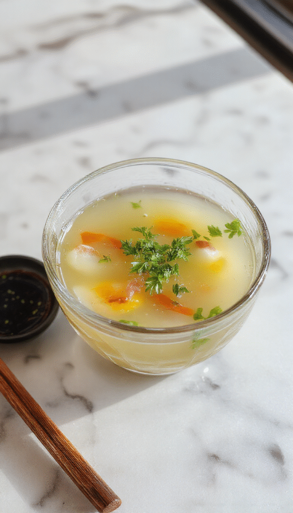 A clear bowl of Japanese soup filled with delicate translucent broth, garnished with finely chopped green onions, slices of tofu, and seaweed. The presentation showcases a clean, minimalist style on a rustic wooden table, with steam rising gently indicating warmth. Bright natural lighting highlights the vibrant green, soft white, and dark seaweed textures.
