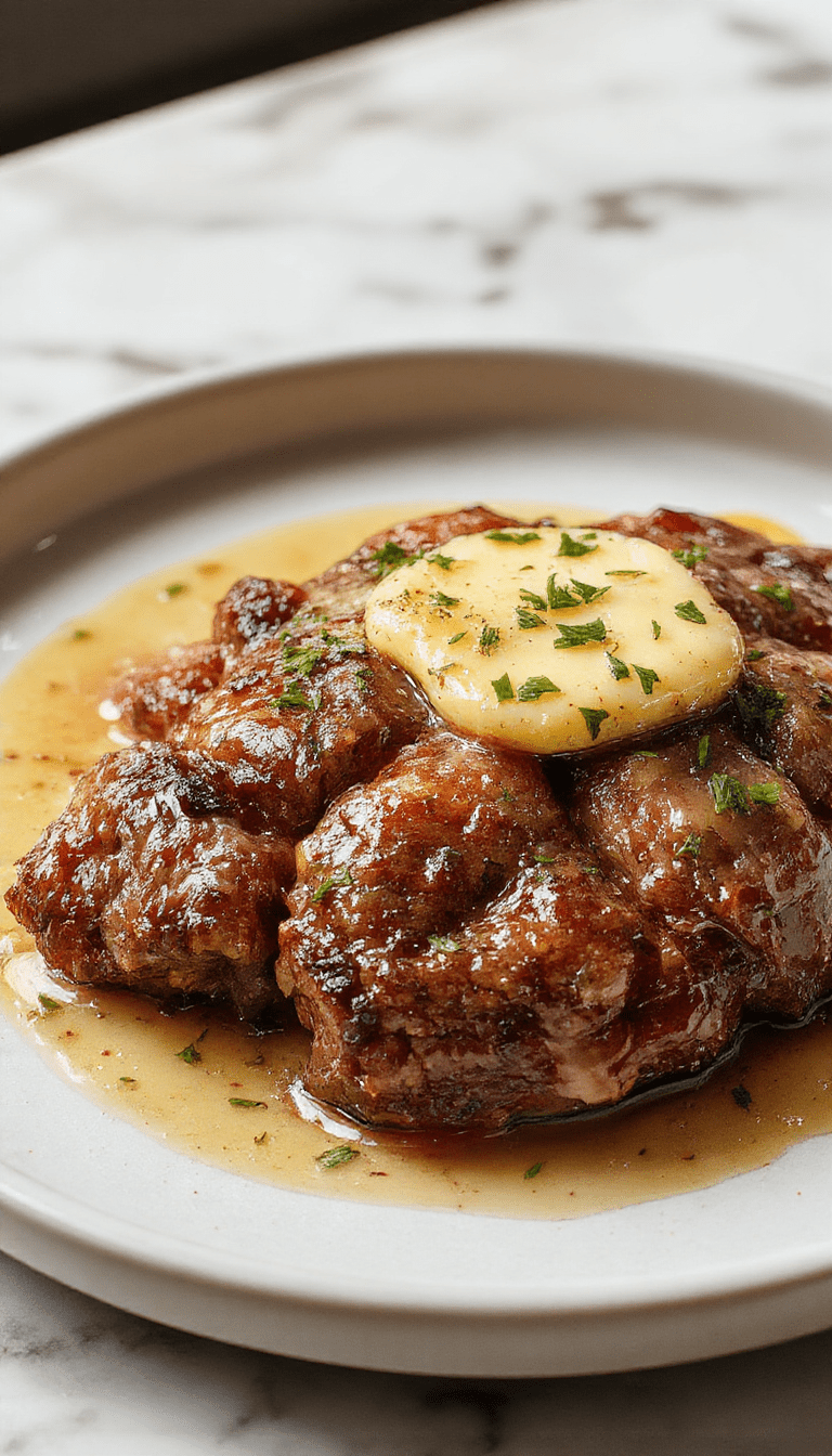 A close-up of a perfectly cooked pan-seared steak with a golden-brown crust, drizzled with a glossy butter sauce. The steak is plated on a rustic wooden board, garnished with fresh herbs, with visible grill marks and a juicy interior. The scene exudes warmth and indulgence, showcasing texture and rich flavors.