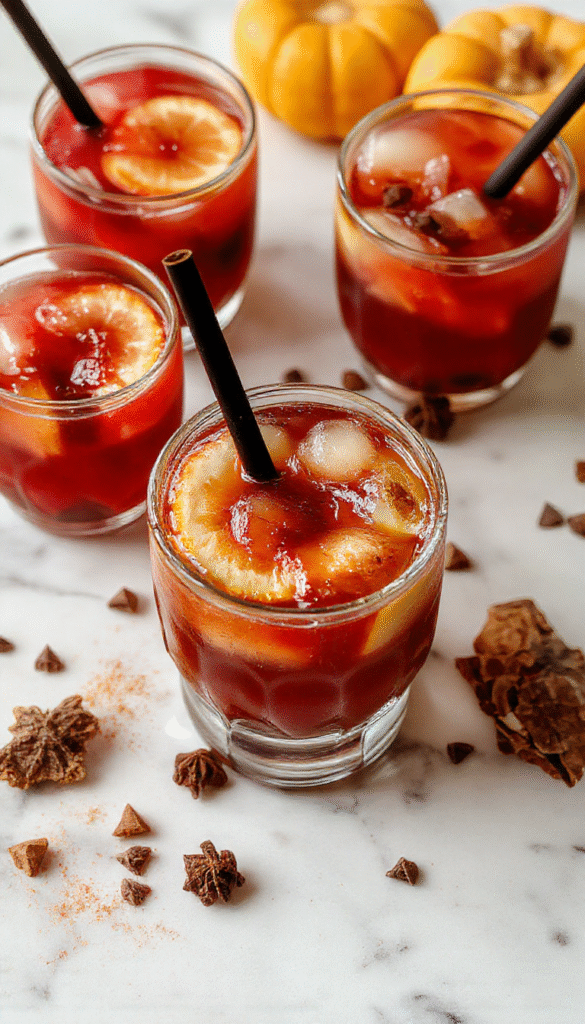 A vibrant glass of Halloween Hocus Pocus Punch with swirling purple and orange liquids, floating ice cubes, and colorful candy garnishes. The drink exhibits a layered effect with a bubbly, frothy top, set against a dark Halloween-themed table with ghostly decorations and flickering lights.