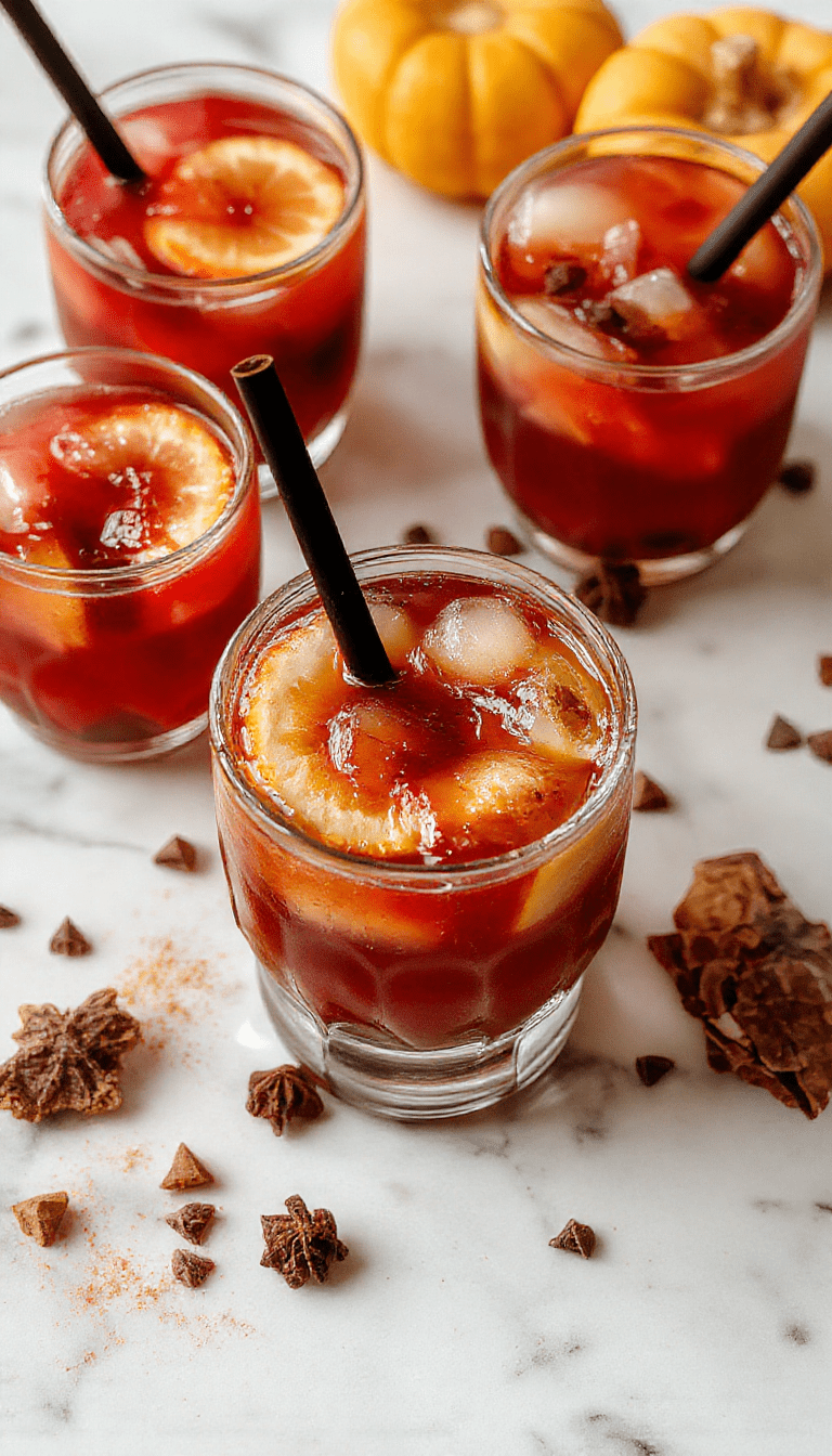A vibrant glass of Halloween Hocus Pocus Punch with swirling purple and orange liquids, floating ice cubes, and colorful candy garnishes. The drink exhibits a layered effect with a bubbly, frothy top, set against a dark Halloween-themed table with ghostly decorations and flickering lights.