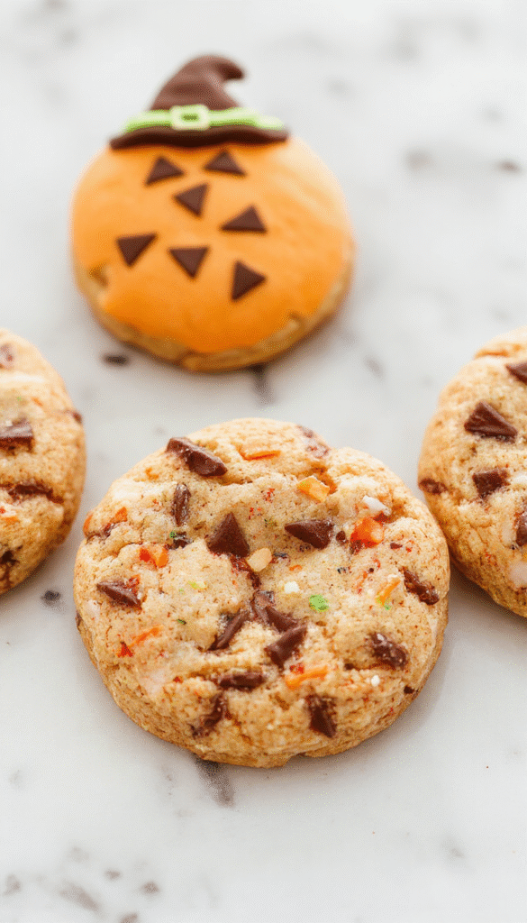 Colorful Halloween-themed witchy cookies arranged on a dark platter, decorated with orange and black icing, shaped like witches' hats and cauldrons, with spooky sprinkles and edible glitter, on a textured black background with autumn leaves and candles for a festive, eerie vibe.
