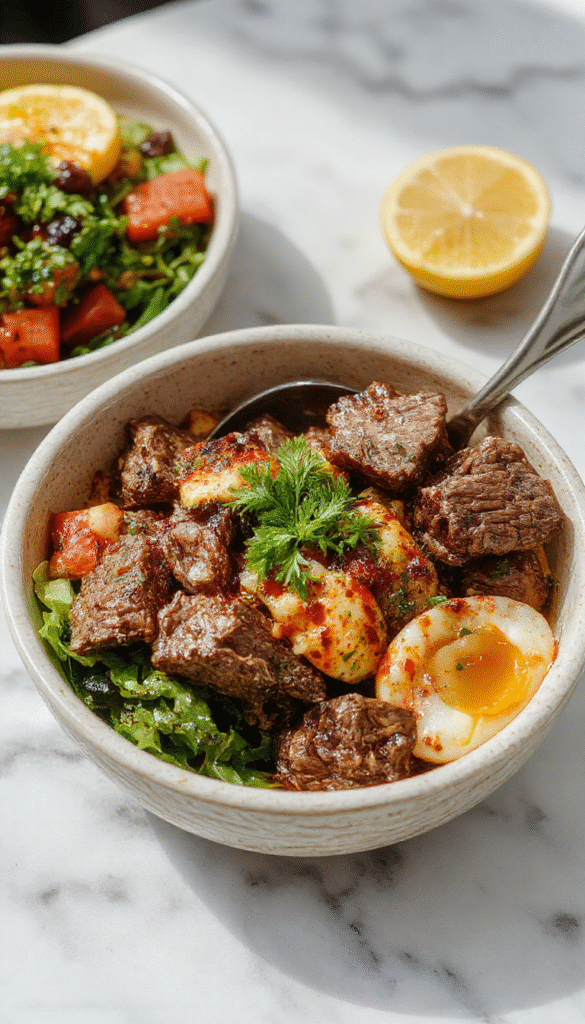 A vibrant plate of Mediterranean steak bowls featuring perfectly cooked slices of seasoned beef, atop a bed of fluffy couscous and colorful fresh vegetables, garnished with herbs and a drizzle of olive oil, styled on a rustic wooden table with bright natural lighting highlighting the textures and vivid colors.