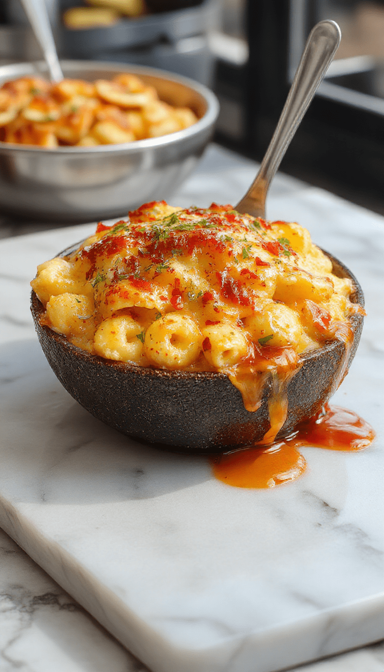 A vibrant, creamy monster mac and cheese served in a rustic bowl, topped with a golden cheese crust, colorful sprinkles of spices, and bits of crispy bacon, garnished with fresh parsley on a wooden table.