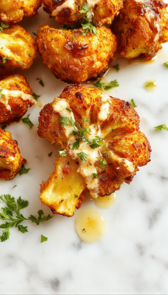 Colorful roasted cauliflower florets glazed with a glossy tahini honey sauce, served on a rustic white plate with a drizzle of tahini and honey, surrounded by fresh herbs and lemon wedges for a vibrant, appetizing presentation