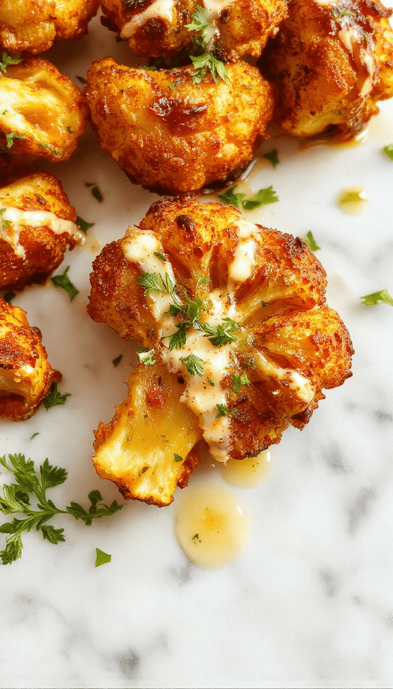 Colorful roasted cauliflower florets glazed with a glossy tahini honey sauce, served on a rustic white plate with a drizzle of tahini and honey, surrounded by fresh herbs and lemon wedges for a vibrant, appetizing presentation