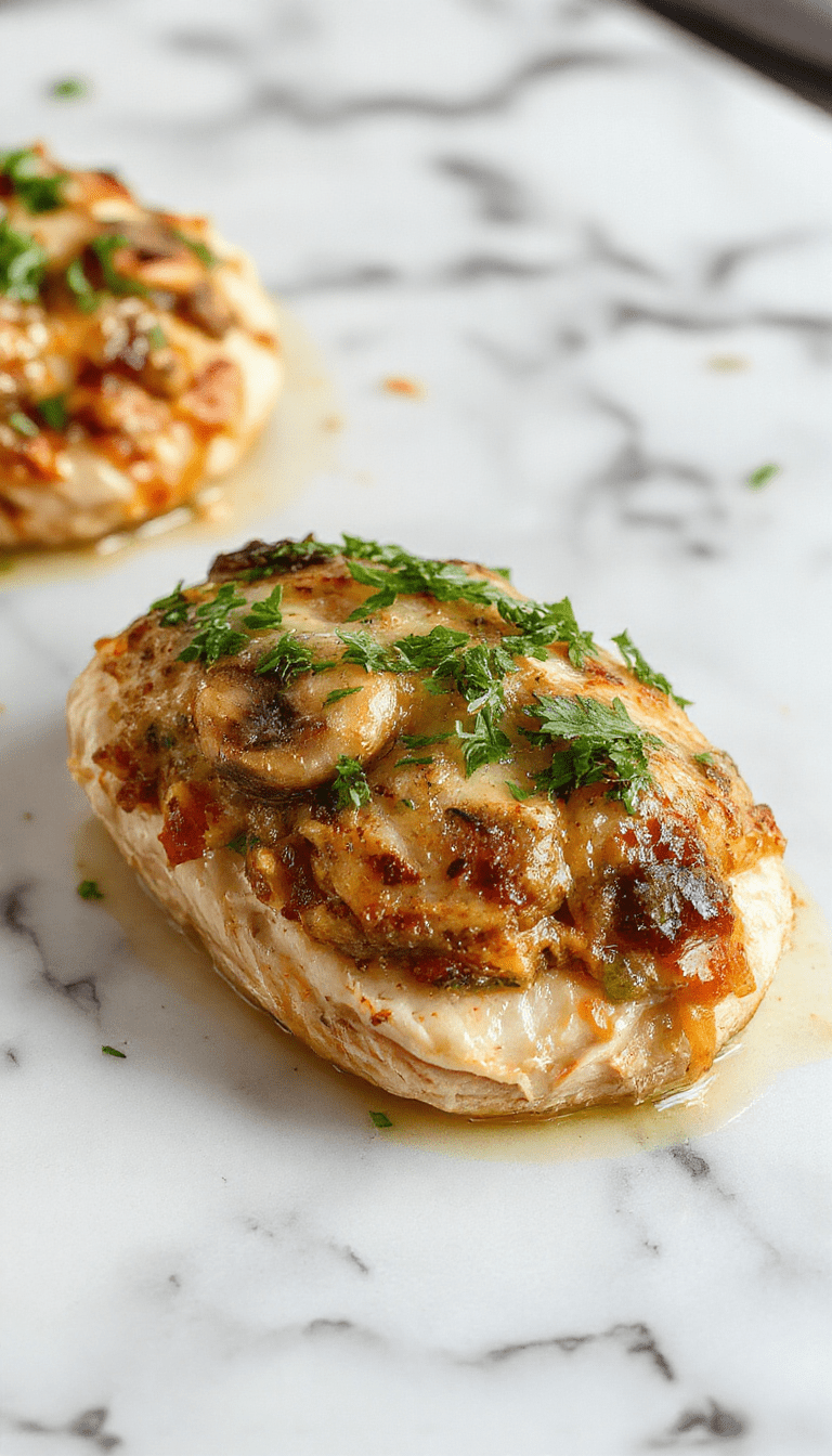 A close-up of a sliced stuffed chicken breast on a white plate, showcasing a golden-brown crispy exterior filled with sautéed mushrooms and cheese, garnished with fresh herbs. The vibrant brown and creamy white contrast beautifully, with a perfectly plated presentation on a rustic wooden table.