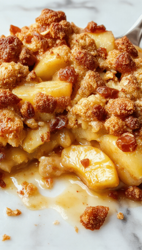 A golden-brown apple crisp in a rustic ceramic baking dish, topped with a crispy oat crumble, surrounded by fresh apple slices on a wooden table with cinnamon sticks and a scoop of vanilla ice cream.