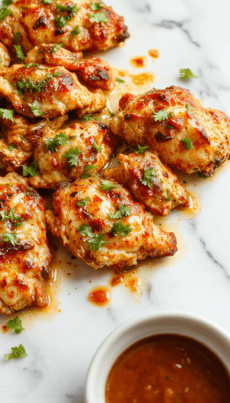 Colorful chicken fajitas cooked on a sheet pan with vibrant red and green bell peppers, juicy grilled chicken strips, and sliced onions, all seasoned with spices. The dish is beautifully plated with fresh cilantro and lime wedges, emphasizing the savory and spicy flavors, with a rustic presentation on a wooden table.