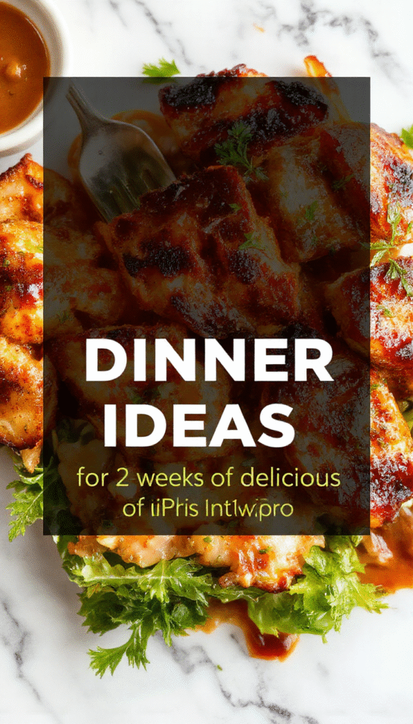 A colorful and appealing plate featuring a variety of dinner dishes including grilled chicken, roasted vegetables, and a fresh salad, all beautifully arranged on a white ceramic platter with vibrant garnishes, emphasizing textures, colors, and a casual yet elegant presentation.