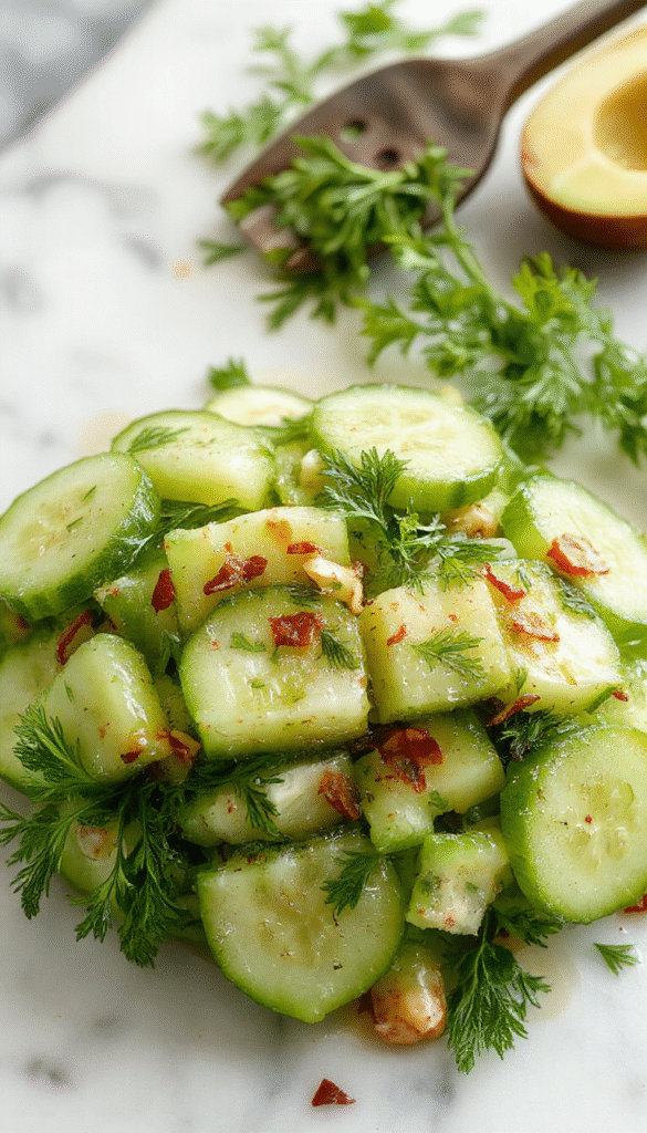 A vibrant plate featuring thinly sliced cucumbers topped with fresh dill and red onion, drizzled with a light vinaigrette, presented on a white ceramic plate with a sprig of dill for garnish, set against a rustic wooden background with sunlight highlighting the fresh ingredients.
