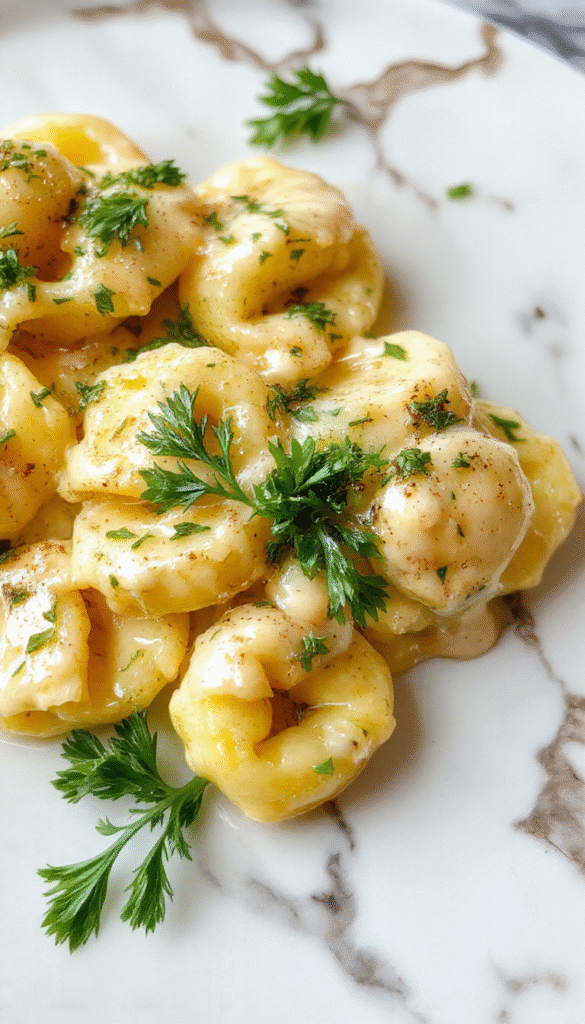 A vibrant plate of marry me tortellini featuring golden-brown tortellini filled with cheese, drizzled with a creamy white sauce, garnished with fresh basil and cherry tomatoes, styled elegantly on a rustic wooden table with a sprinkle of grated cheese around.