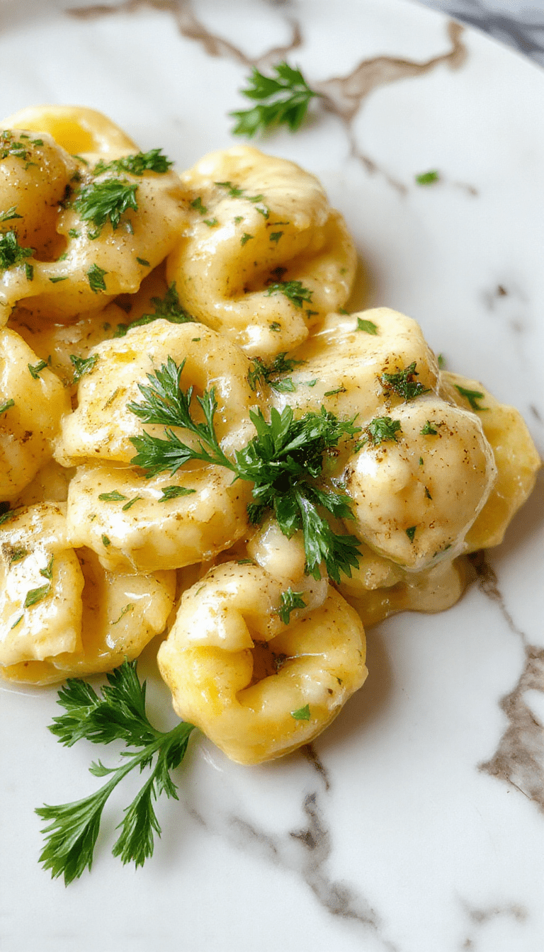 A vibrant plate of marry me tortellini featuring golden-brown tortellini filled with cheese, drizzled with a creamy white sauce, garnished with fresh basil and cherry tomatoes, styled elegantly on a rustic wooden table with a sprinkle of grated cheese around.