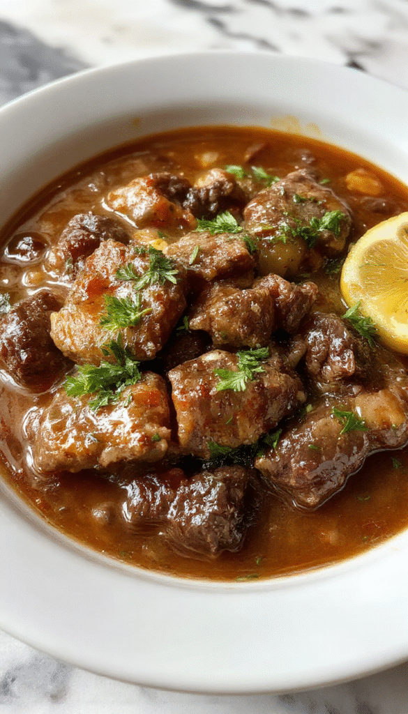 A rustic bowl of carne guisada featuring tender beef chunks submerged in a thick, flavorful sauce garnished with fresh herbs. The dish is served on a wooden table, highlighting the rich brown hues of the stew, with a side of warm tortillas and colorful garnishes. The textures appear hearty and comforting, capturing the inviting essence of traditional Mexican comfort food.