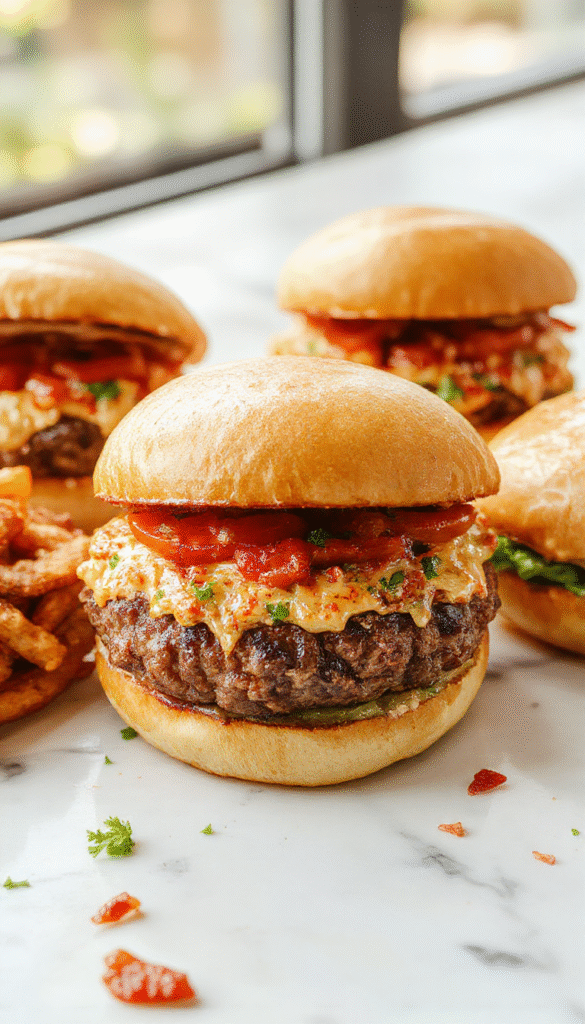 Close-up of a plate featuring perfectly cooked crack burgers with crispy edges and melted cheese, garnished with fresh lettuce and tomato slices. The burgers are stacked high, showcasing juicy beef patties nestled in toasted buns, with vibrant condiments adding color and texture. The lighting highlights the crispy textures and the glossy cheese melting over the flavorful meat, creating an inviting and appetizing scene.