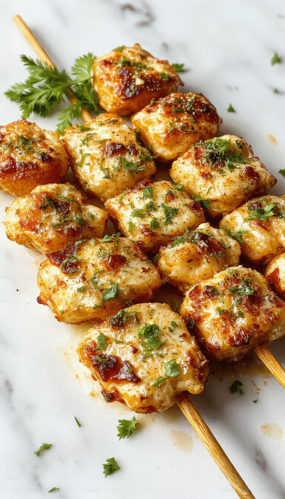 Colorful chicken skewers glazed with golden garlic parmesan sauce, arranged on a rustic wooden platter, garnished with fresh herbs and lemon wedges, showcasing juicy and tender chicken pieces with crispy edges, under natural lighting with vibrant vegetables in the background.