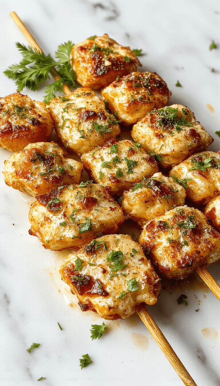 Colorful chicken skewers glazed with golden garlic parmesan sauce, arranged on a rustic wooden platter, garnished with fresh herbs and lemon wedges, showcasing juicy and tender chicken pieces with crispy edges, under natural lighting with vibrant vegetables in the background.