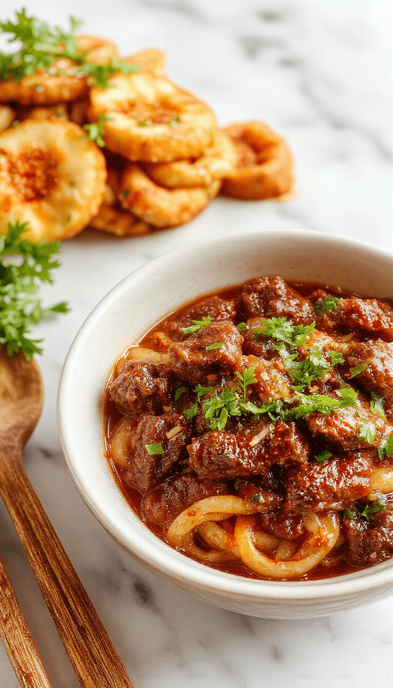 A vibrant plate of Mongolian ground beef noodles featuring tender browned ground beef atop glossy, slightly curled wheat noodles, garnished with chopped green onions and sesame seeds. The dish is presented on a rustic wooden table, with bright lighting highlighting the rich caramelized beef and colorful fresh herbs, creating an inviting and hearty Asian-inspired meal.