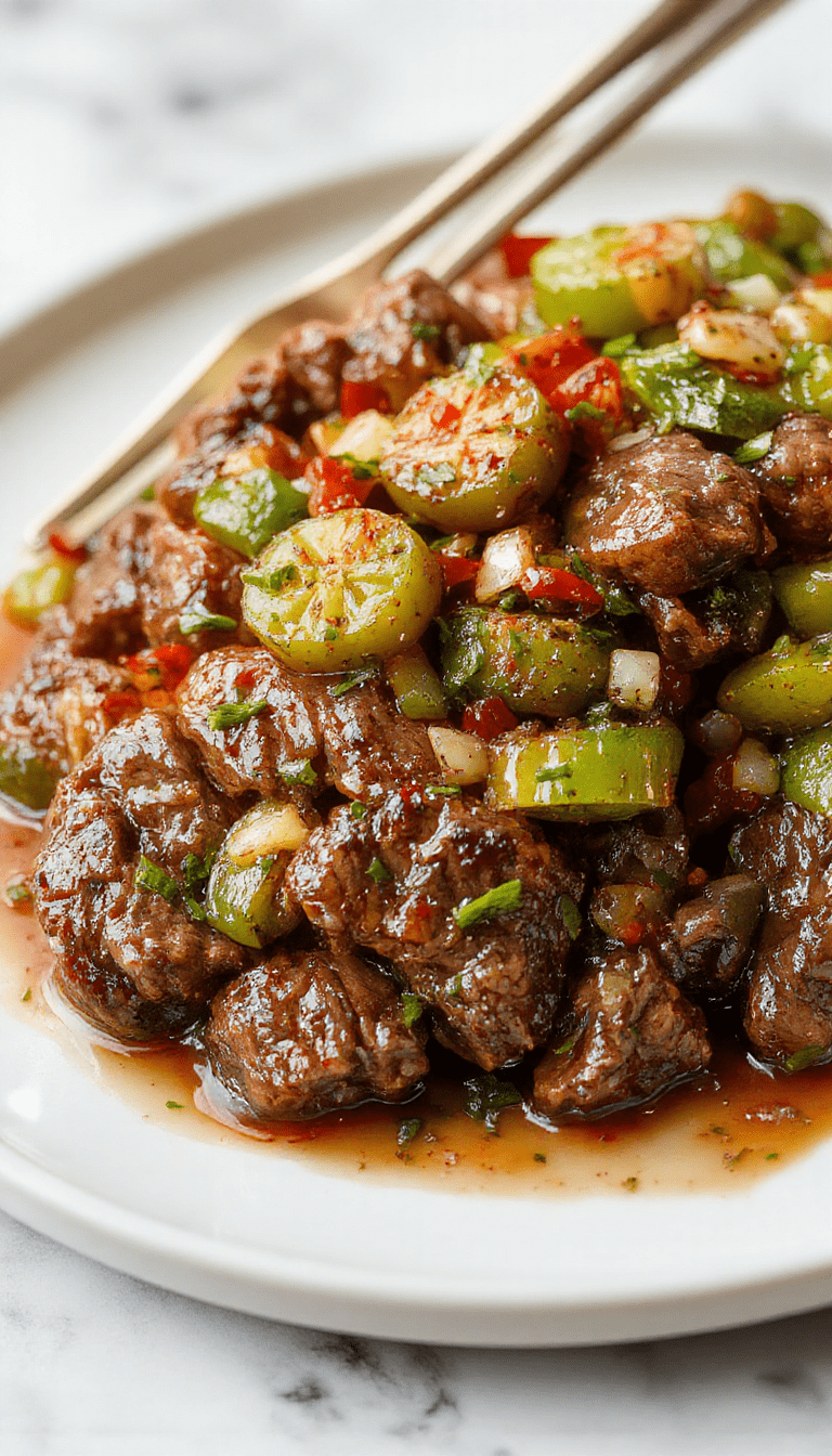 A colorful plate featuring tender slices of pepper steak topped with vibrant red and green bell peppers and caramelized onions, arranged artfully on a rustic wooden surface, garnished with fresh herbs, showcasing a glossy sauce and inviting textures.