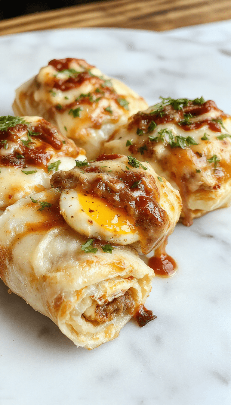 Colorful breakfast roll-ups arranged on a white plate featuring golden-brown sausage, scrambled eggs, melted cheese, and fresh herbs, with a crispy exterior and gooey interior against a rustic kitchen backdrop.