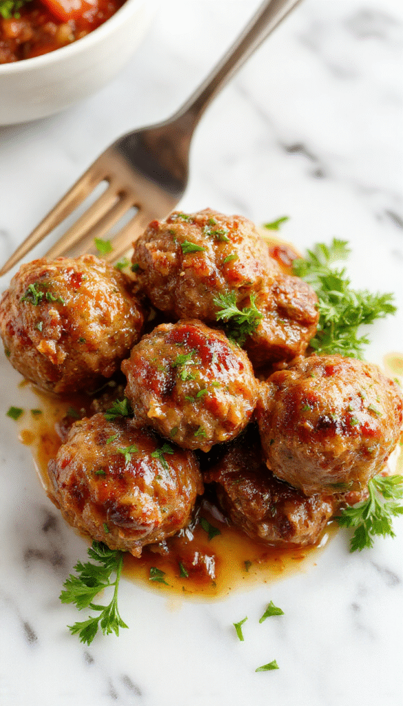 A close-up of a hearty serving of Salisbury steak meatballs in a rich gravy, garnished with fresh parsley on a rustic plate, with creamy mashed potatoes and steamed vegetables in the background, showcasing glossy textures and warm tones.