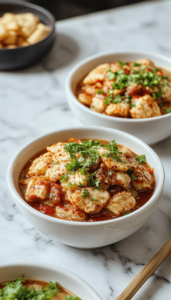 Colorful chicken rice bowl on a white plate featuring golden-brown glazed chicken pieces atop fluffy white rice, garnished with sesame seeds and chopped green onions. The dish is styled with vibrant vegetables including carrots and bell peppers, with a glossy sauce creating an inviting, appetizing look, complemented by a rustic wooden table background.