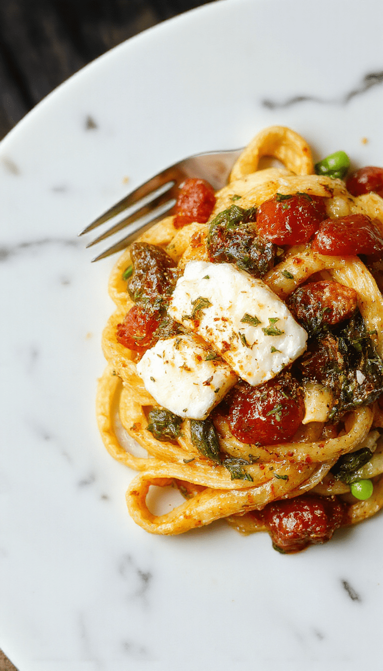 A colorful plate of veggie pasta topped with crumbled baked feta, garnished with fresh herbs on a rustic wooden table. The vibrant vegetables include cherry tomatoes, zucchini, and bell peppers, with a sprinkle of herbs, showcasing textures from creamy feta to tender pasta and crisp vegetables.