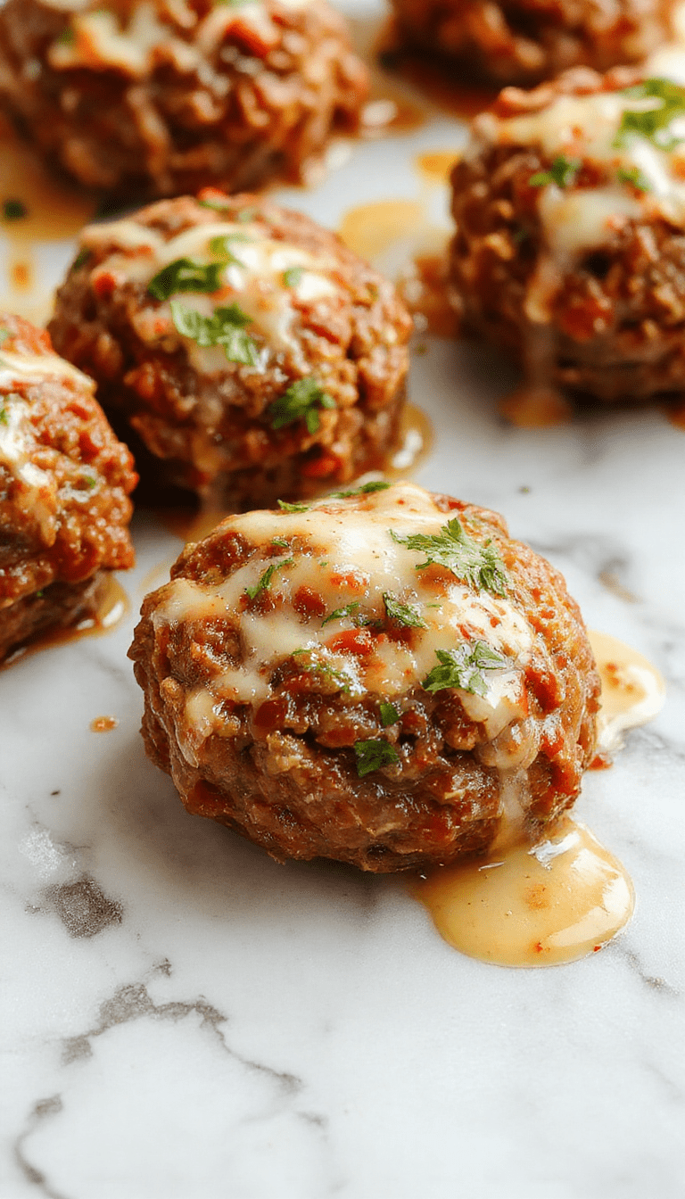 A close-up of perfectly round Italian meatballs with a golden-brown crust, nestled in a rich tomato sauce garnished with fresh basil and grated parmesan, served on a white plate with a rustic background, highlighting their juicy and tender texture.