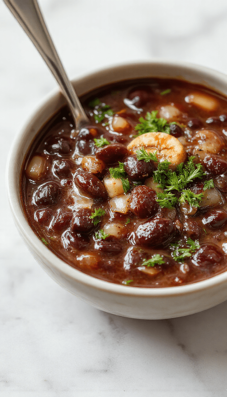 A vibrant bowl of black bean soup garnished with chopped cilantro, diced tomatoes, and a dollop of sour cream. The soup has a thick, hearty texture with visible specks of beans and spices, served on a rustic wooden table with fresh ingredients around it.