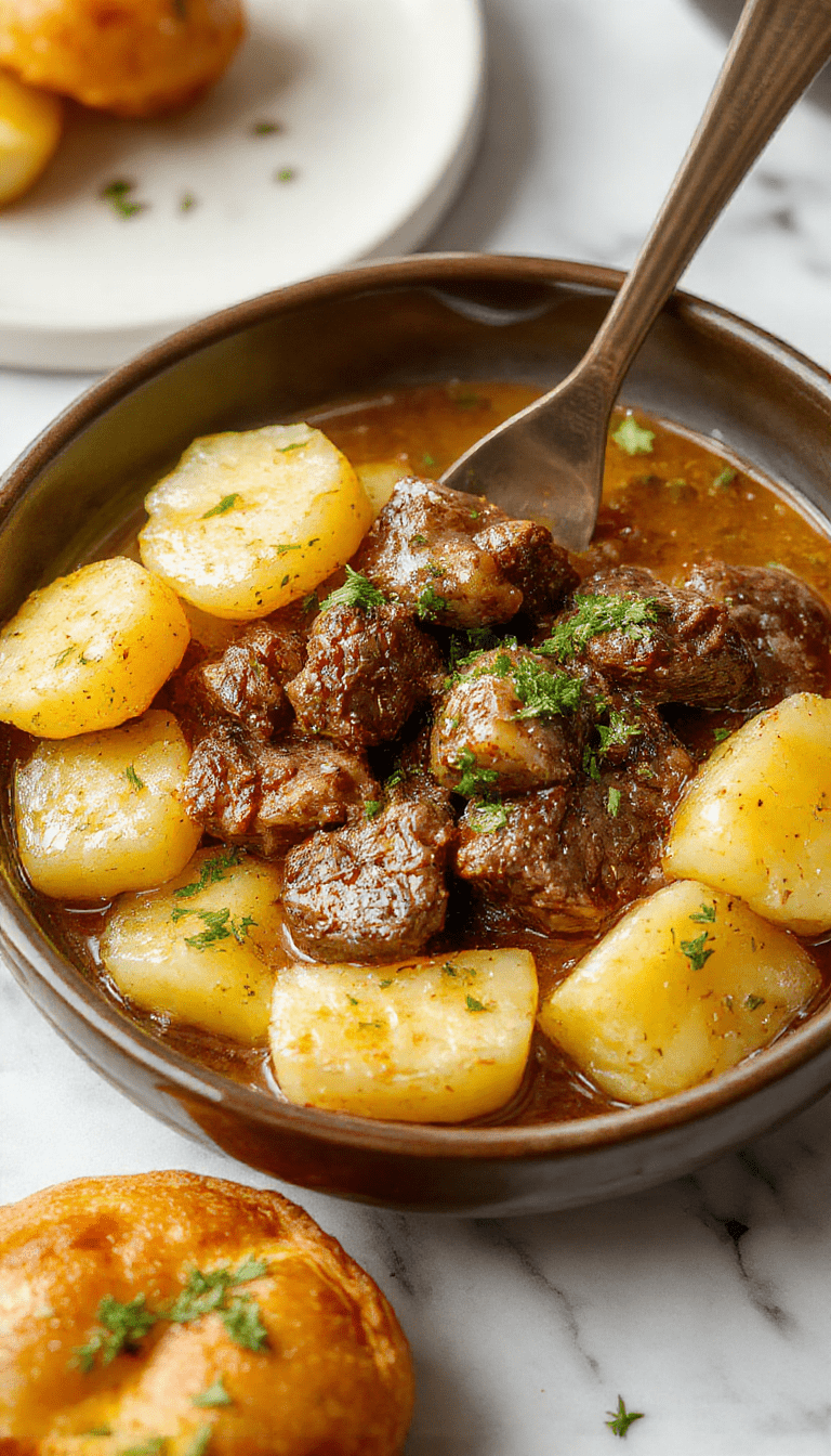 Colorful platter featuring tender beef bites glazed with garlic butter, crispy roasted potatoes, fresh parsley garnish, and a rustic wooden background
