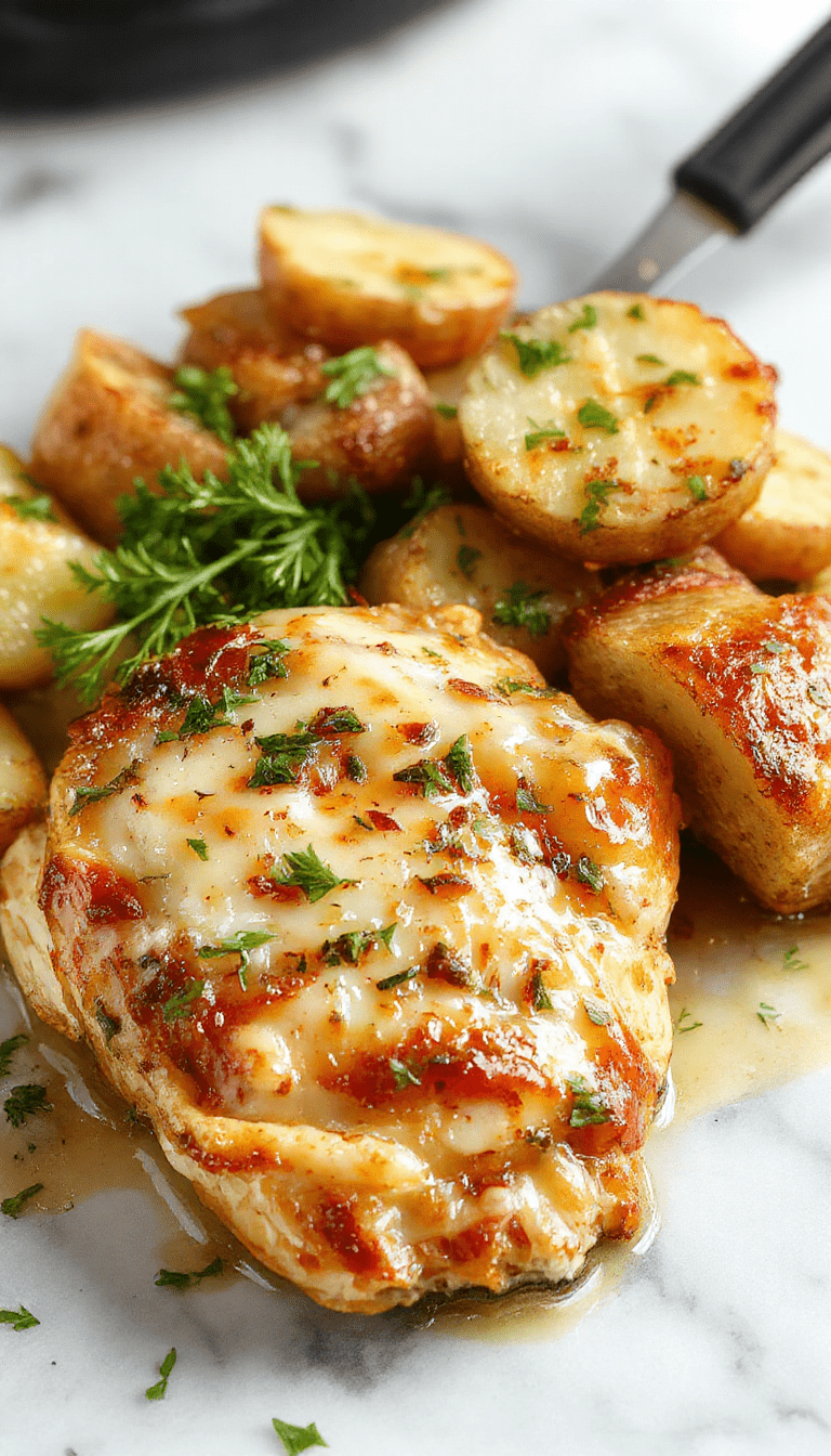 A close-up shot of a rustic white bowl filled with tender garlic parmesan chicken surrounded by roasted potatoes, garnished with chopped parsley. The dish features golden-brown, crispy edges with a creamy parmesan sauce, set on a wooden table styled with fresh herbs and a sprinkle of grated parmesan cheese for an inviting, rustic presentation.