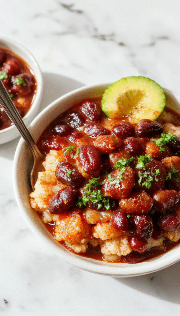 A vibrant plate of Louisiana red beans and rice showcasing rich red beans, fluffy white rice, garnished with chopped green onions and a slice of cornbread on the side, decorated with colorful bell peppers and a sprinkle of Cajun spices, all presented on a rustic wooden table