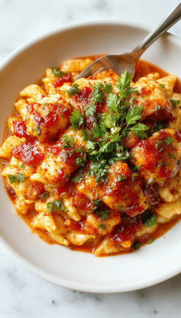 A vibrant bowl of Cajun chicken orzo showcasing golden-brown grilled chicken slices nestled on a bed of creamy orzo pasta, garnished with chopped green herbs and colorful bell peppers, all set on a rustic wooden table with a sprinkle of Cajun seasoning around the dish.