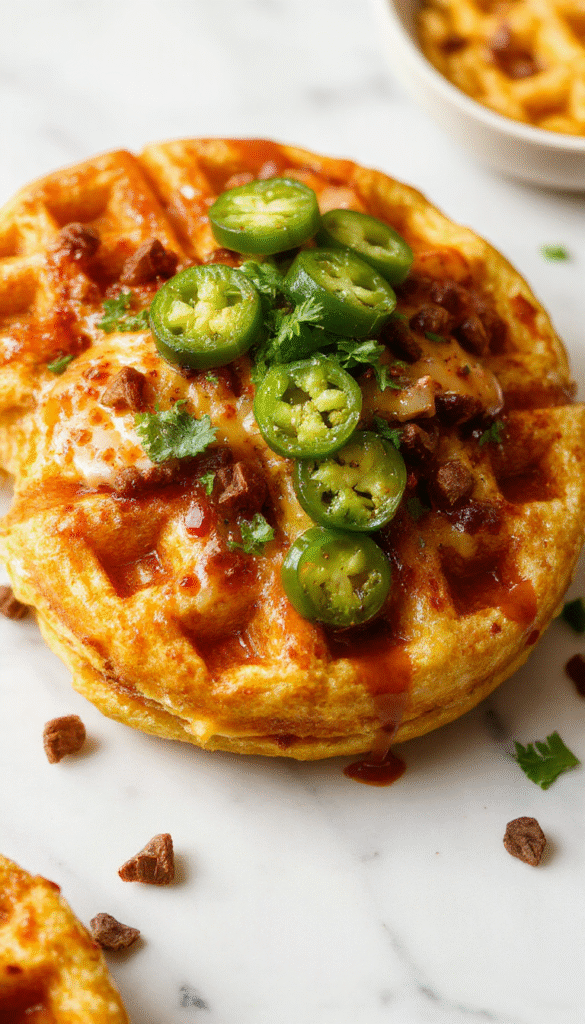 Colorful plate with golden-brown cornbread waffles topped with melted cheddar cheese, slices of jalapeños, and a dollop of sour cream, garnished with fresh herbs. The waffles are crispy, with visible chunks of jalapeños and melted cheese, served on a rustic white plate with a fork and knife.