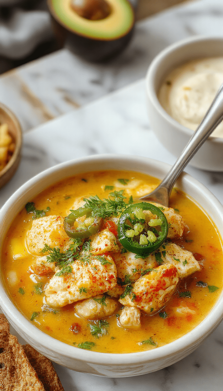 A vibrant bowl of spicy jalapeño chicken soup featuring a rich, flavorful broth filled with shredded chicken, sliced jalapeños, melted cheese, and fresh cilantro garnishes. The soup is presented in a rustic, white ceramic bowl on a wooden table, with visible textures of melted cheese, bright green jalapeños, and fresh herbs, styled with a spoon and lime wedge for an inviting, mouthwatering appeal.