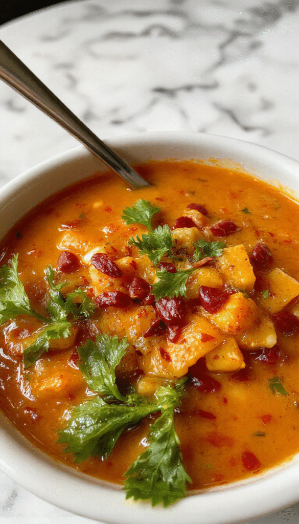 A vibrant bowl of spicy sesame carrot soup garnished with fresh herbs and a drizzle of sesame oil. The soup has a rich orange color, topped with chopped carrots, red lentils, and sesame seeds. The bowl sits on a rustic wooden table with a spoon beside it, and a sprinkle of chopped herbs adds a touch of green to the colorful presentation.