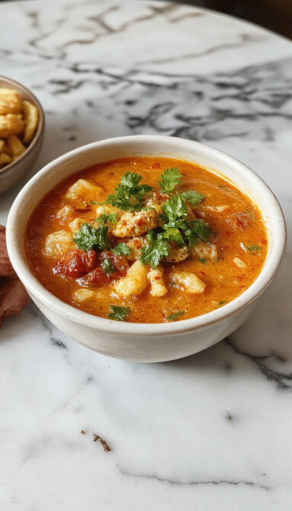 A vibrant bowl of Thai Red Curry Noodle Soup featuring bright orange-red broth, topped with fresh cilantro, slices of red chili, green scallions, and tender rice noodles garnished with lime wedges, all presented in a white ceramic bowl on a rustic wooden table with a background of Thai spices and herbs
