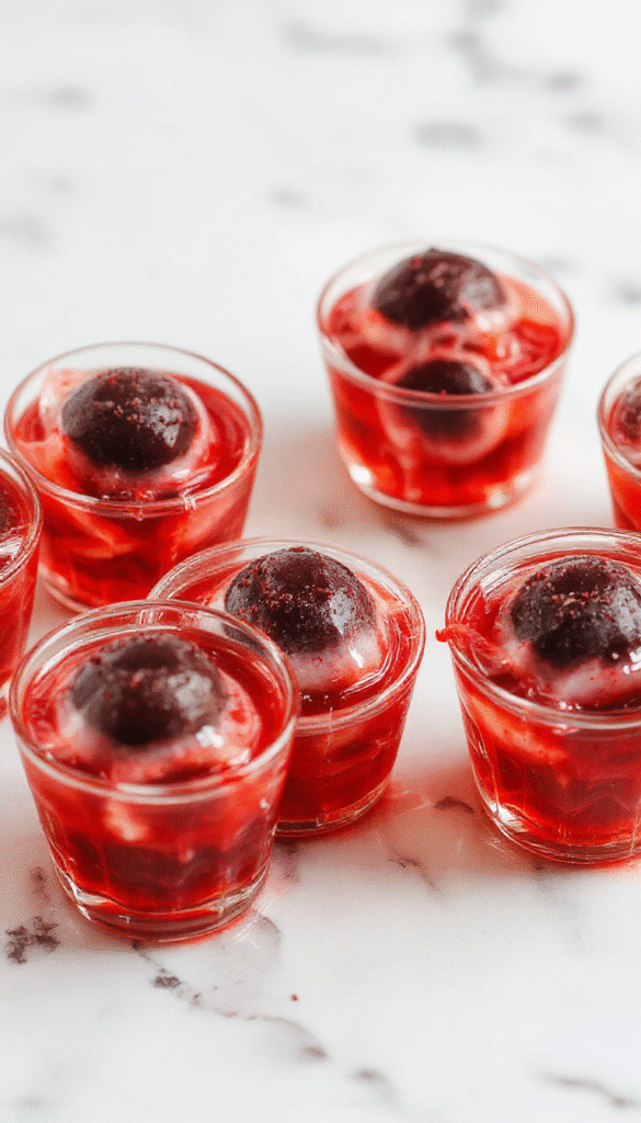 Colorful Halloween eyeball gelatin shots arranged on a dark platter, featuring vibrant red and green gelatin with eerie eyeball decorations made from edible candy eyes, garnished with spooky Halloween themed accessories, and styled with a glossy, semi-transparent texture for a creepy yet festive appearance.