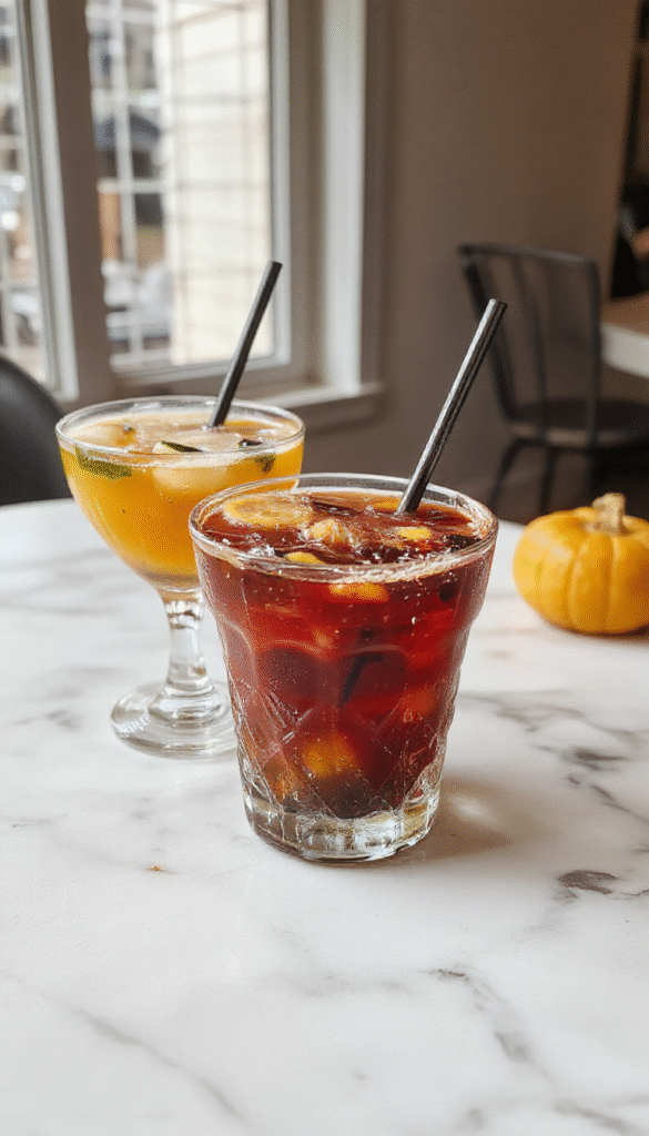 A colorful Halloween-themed drink setup featuring bright orange and green beverages in spooky mugs with googly eyes and halloween stirrers, decorated with candy and ghoulish garnishes, on a table with Halloween decorations in the background