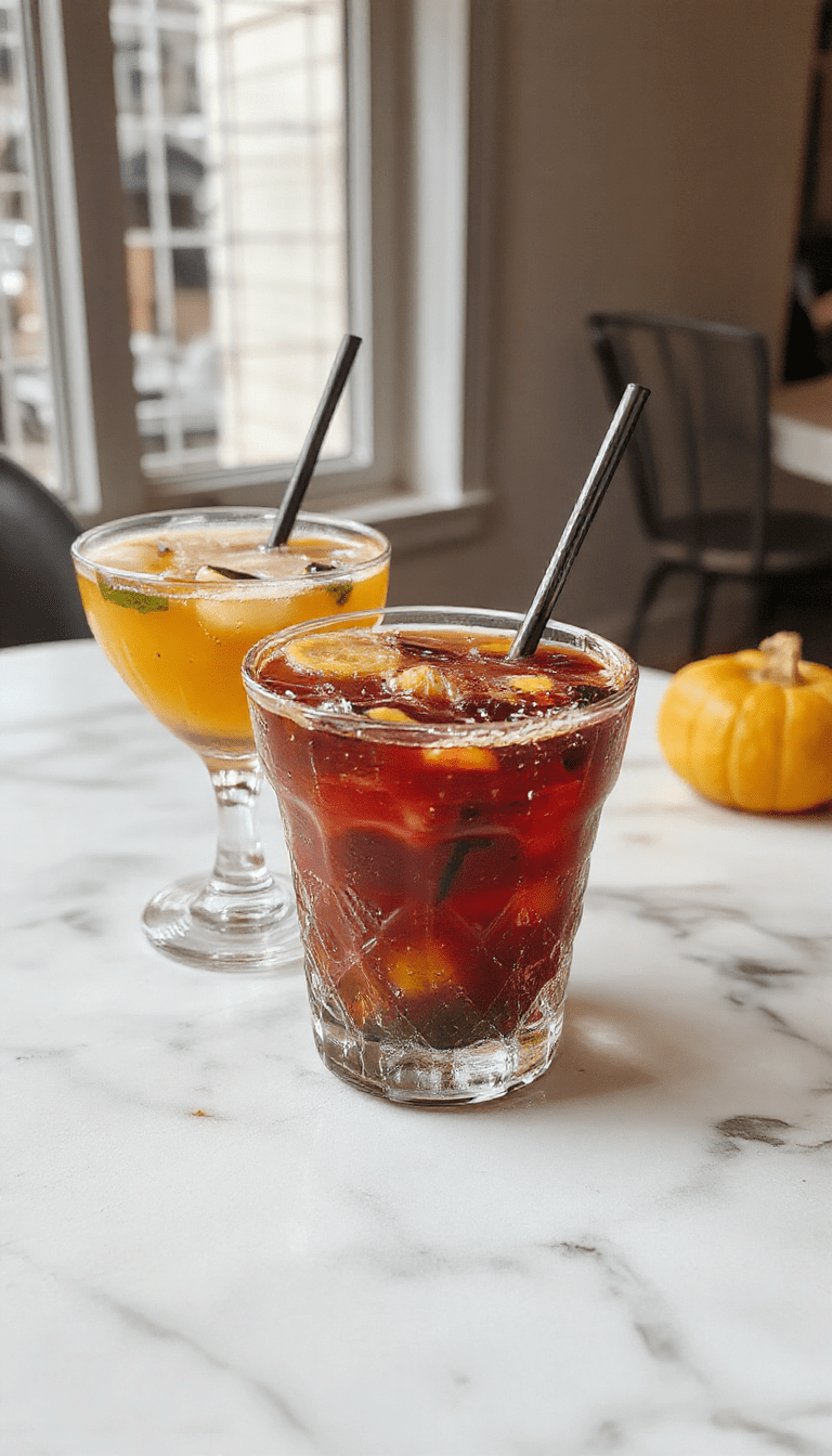 A colorful Halloween-themed drink setup featuring bright orange and green beverages in spooky mugs with googly eyes and halloween stirrers, decorated with candy and ghoulish garnishes, on a table with Halloween decorations in the background