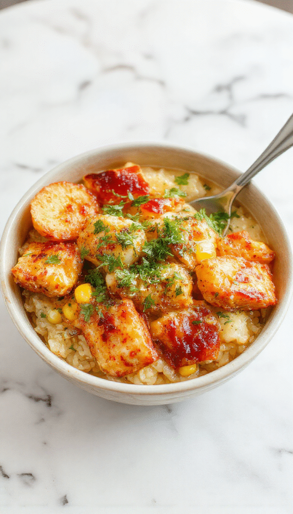 A vibrant rice bowl featuring grilled chicken pieces topped with charred street corn, crumbled cheese, chopped cilantro, and a drizzle of spicy lime sauce. The colorful dish is arranged beautifully on a white plate with garnishes adding freshness, showcasing a mix of golden corn, tender chicken, and vivid greens.