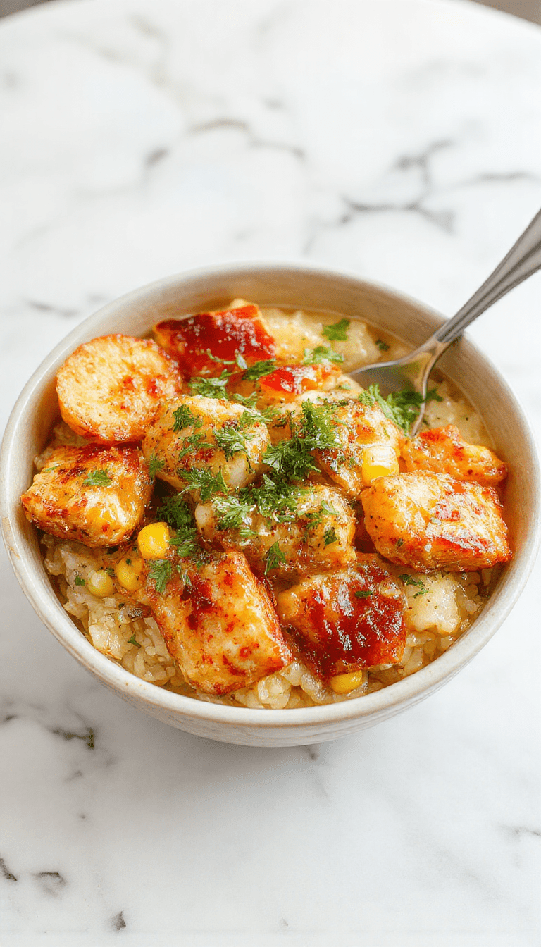 A vibrant rice bowl featuring grilled chicken pieces topped with charred street corn, crumbled cheese, chopped cilantro, and a drizzle of spicy lime sauce. The colorful dish is arranged beautifully on a white plate with garnishes adding freshness, showcasing a mix of golden corn, tender chicken, and vivid greens.